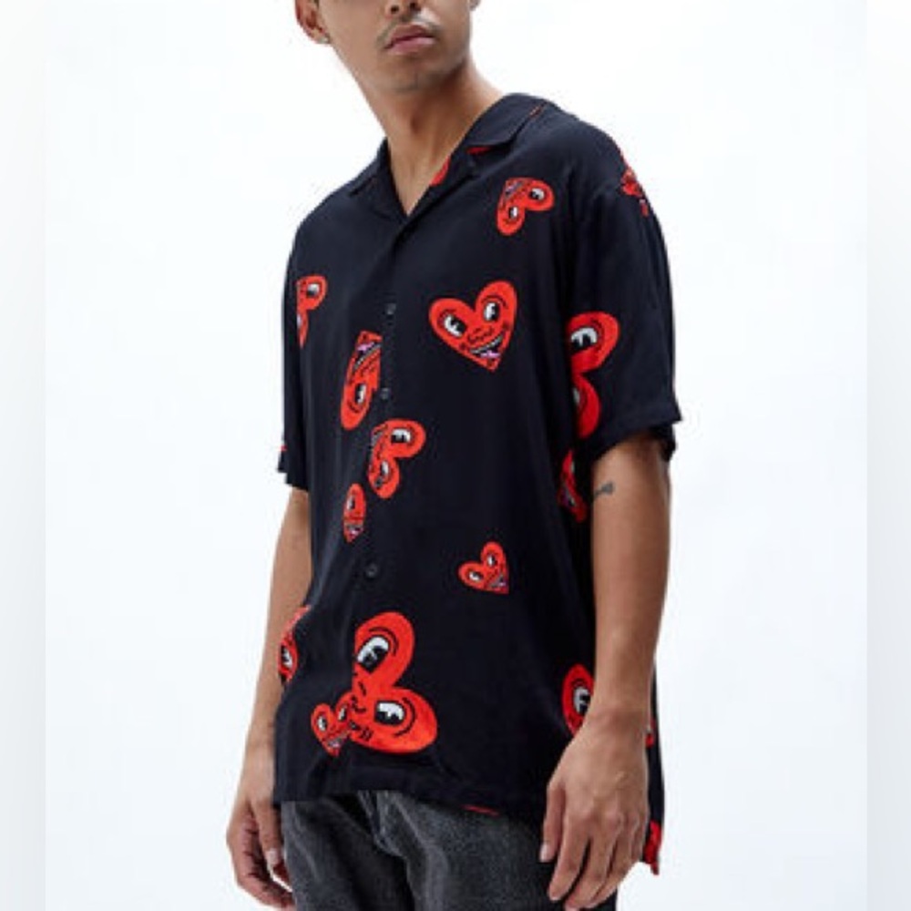 Keith Haring button up hearts camp shirt